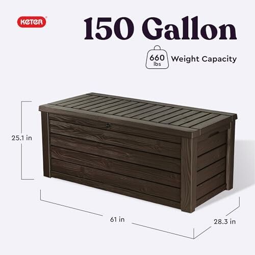 Keter 150-gallon deck box with dimensions and weight capacity