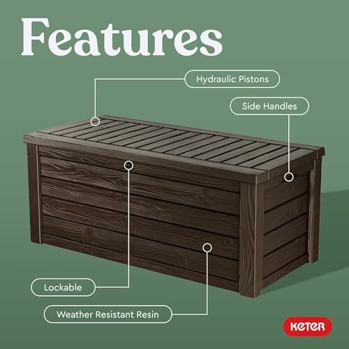 Keter deck box with features labeled: lockable, weather resistant resin, hydraulic pistons, side handles