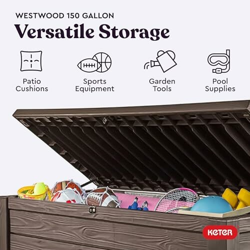 Keter 150-gallon storage box with sports equipment and tools