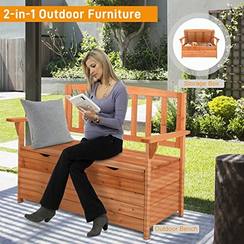 Woman sitting on wooden outdoor bench with storage box, reading a book.