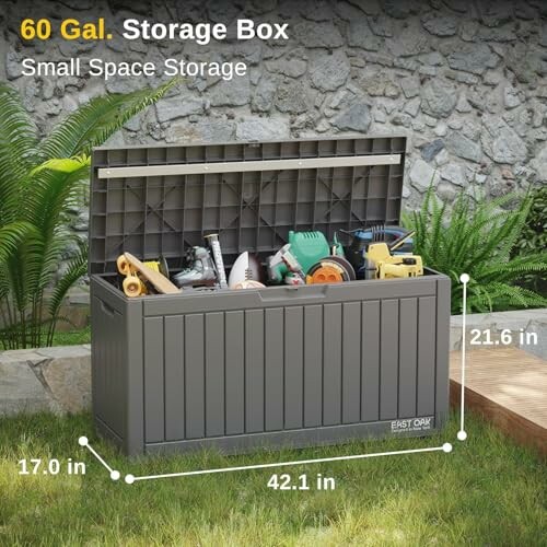 60-gallon storage box filled with tools and supplies, placed outdoors.