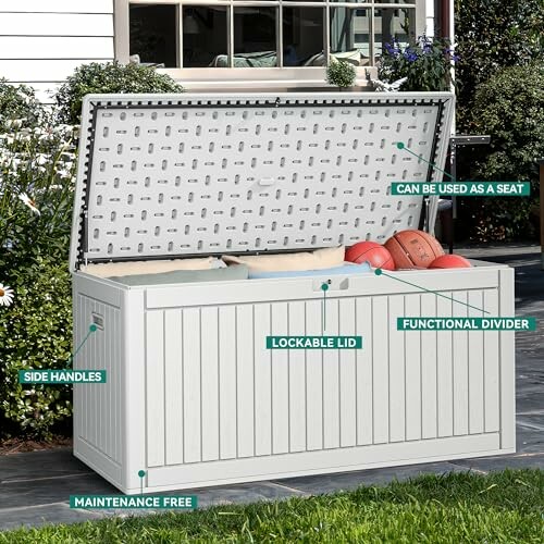 Stylish outdoor storage box in a garden setting.