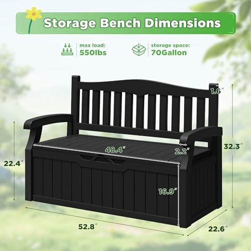 Black storage bench with dimensions and weight capacity.