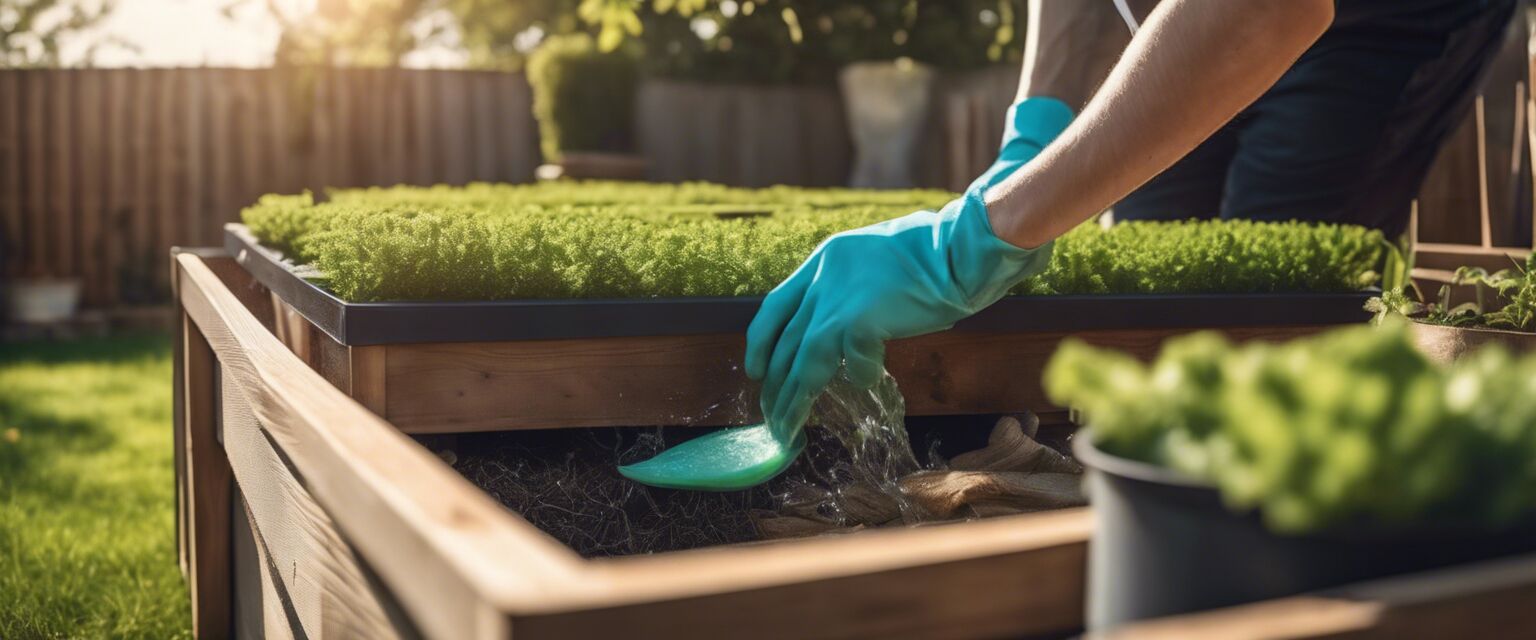 Cleaning a garden storage box in a sunny garden