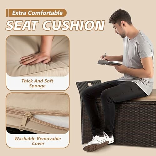 Man sitting on a cushioned seat, highlighting thick sponge and washable cover.