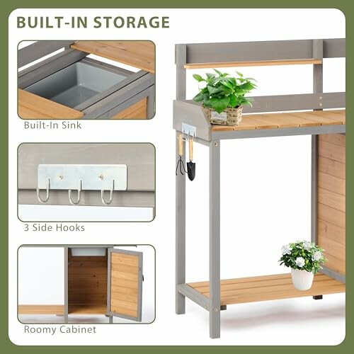 Garden potting bench with built-in sink, side hooks, and roomy cabinet.