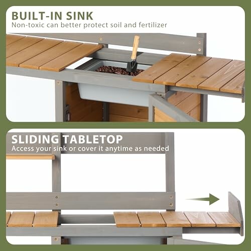 Garden workstation with built-in sink and sliding tabletop feature.