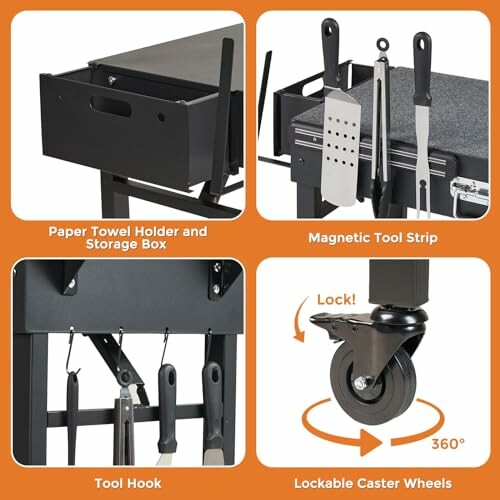 Grill accessory features: paper towel holder, magnetic tool strip, tool hook, lockable caster wheels.