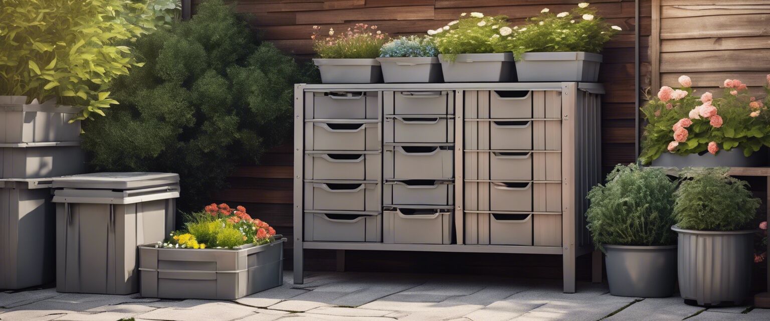 Organized garden storage boxes in a garden