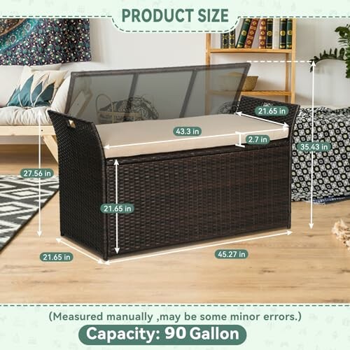 Outdoor storage bench with dimensions and 90-gallon capacity.