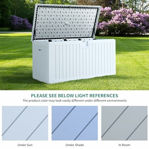 Outdoor storage box with open lid, showing color variations in different lighting conditions.