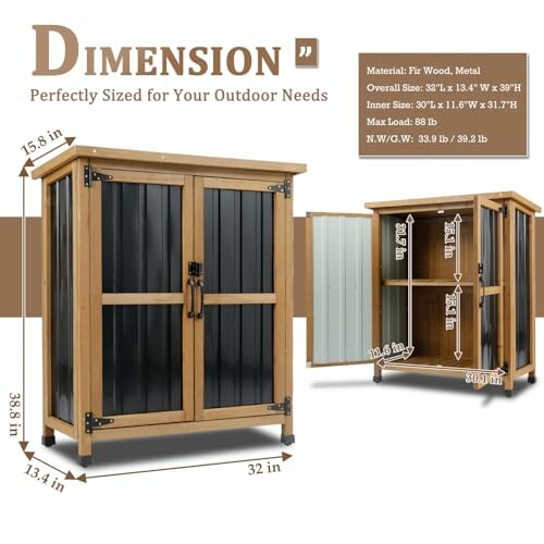 Outdoor storage cabinet dimensions and features.