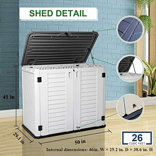 Outdoor storage shed with measurements and features.