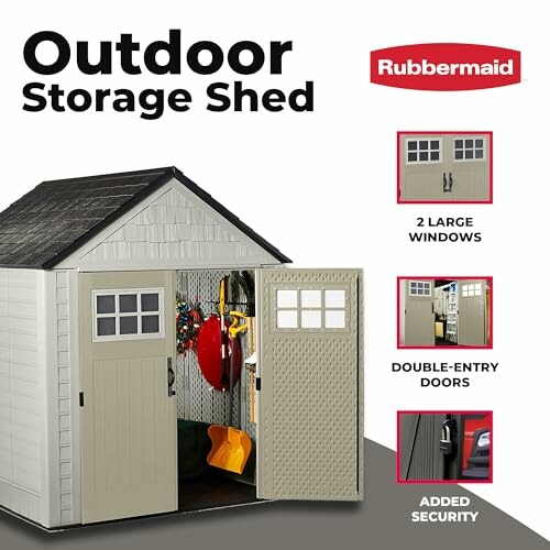 Outdoor storage shed with features including large windows, double-entry doors, and added security