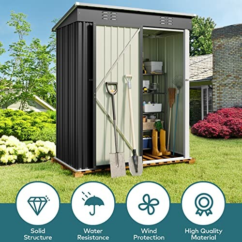 Metal outdoor storage shed with garden tools and shelving.