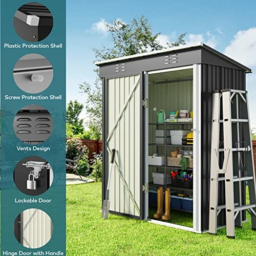 Outdoor storage shed with door, shelves, and garden tools.