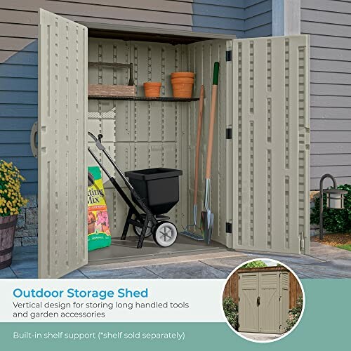 Outdoor storage shed with garden tools and accessories.