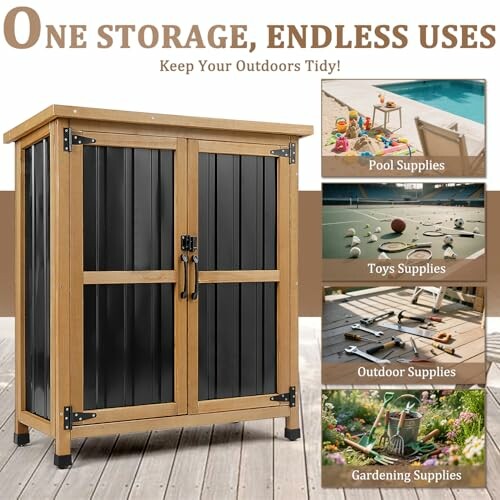 Outdoor storage cabinet with multiple uses for pool, toys, outdoor, and gardening supplies.