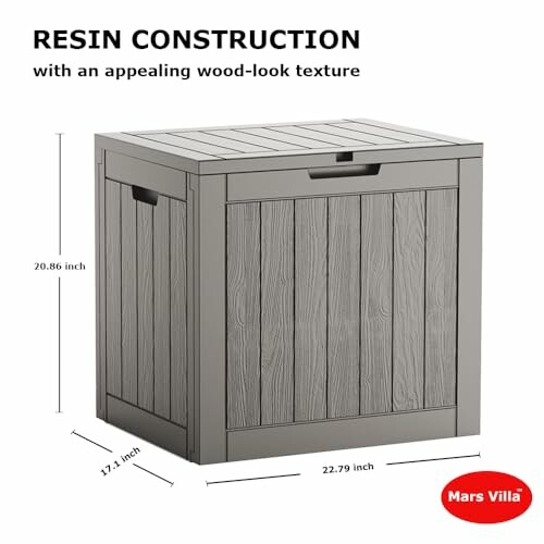 Resin construction storage box with wood-look texture and dimensions.