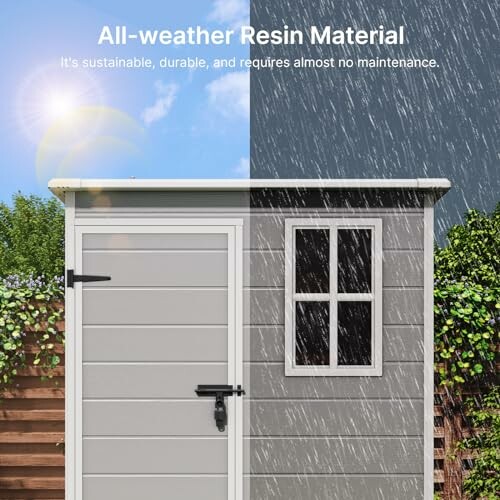 Outdoor resin shed showing durability in different weather conditions.