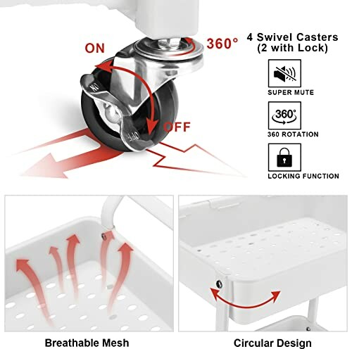 Swivel casters with lock feature for a rolling cart, showcasing 360-degree rotation and breathable mesh design.