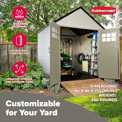 Rubbermaid outdoor storage shed with weather-resistant, double-wall construction, and versatile storage options