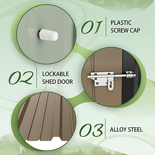 Illustration showing plastic screw cap, lockable shed door, and alloy steel components.