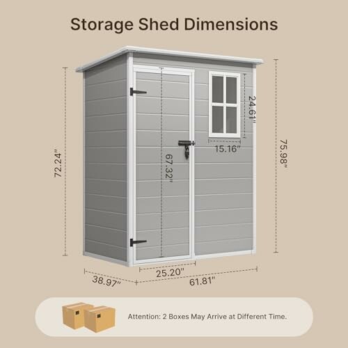 Gray storage shed with dimensions labeled.