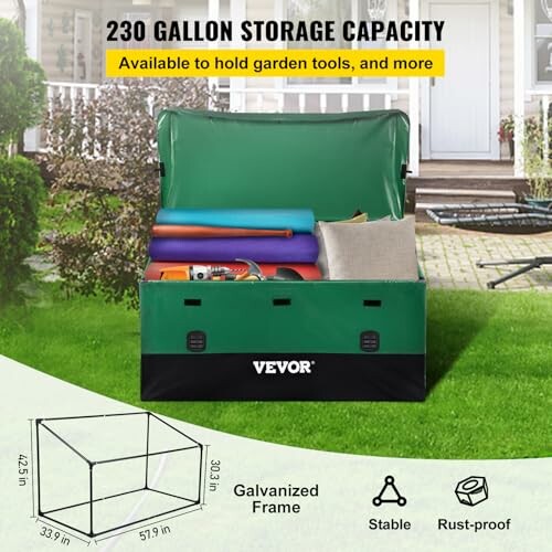 Green Vevor 230-gallon storage box for garden tools.