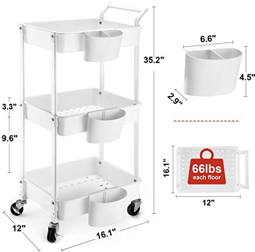 White rolling storage cart with three tiers and removable bins, dimensions labeled.