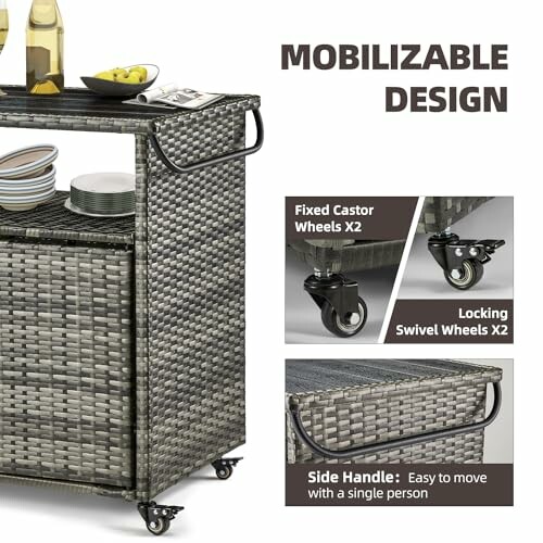 Wicker outdoor bar cart with mobilizable design featuring fixed and locking swivel castor wheels and side handle.