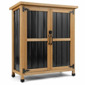 Outdoor wooden and metal storage cabinet with double doors.